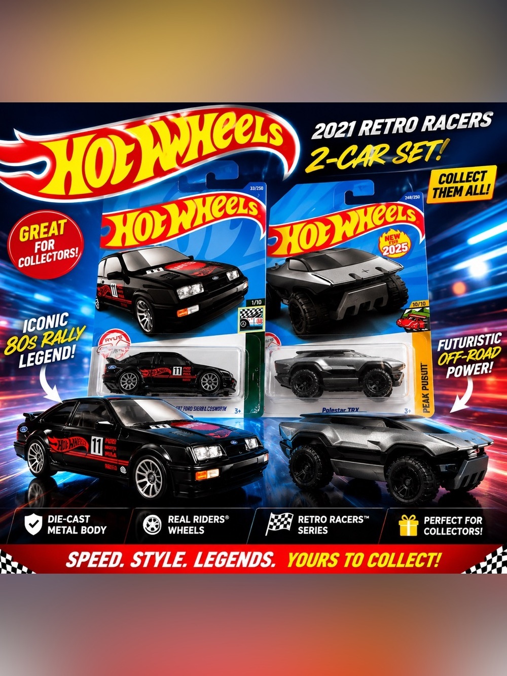 Hot Wheels 2021 & 2025 Retro Racers 2-Car Set - Black & Red